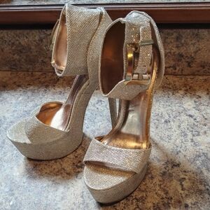 Anne Michelle Gold Glitter Platform Ankle-Strap Heels